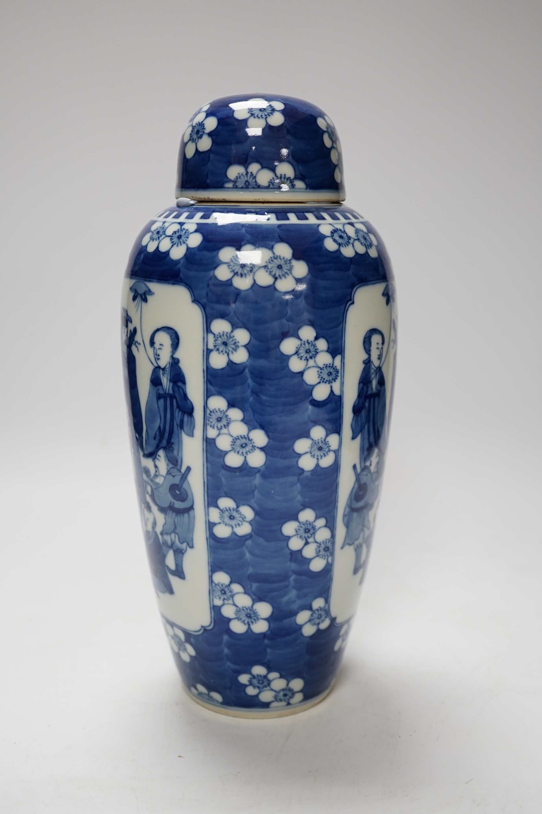 A Chinese blue and white ‘eight immortals’ jar and cover, circa 1900, 28cm